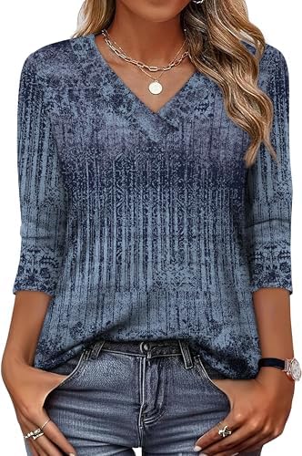 Boho Tops V Neck T Shirts 3/4 Sleeve
