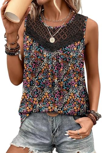 Lace Tops Black Tank Sleeveless Crewneck